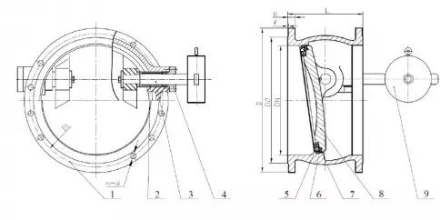 Клапан обратный DENDOR 015F.PV поворотный фланцевый чугунный с двумя эксцентриситетами с рычагом и противовесом  фото 3